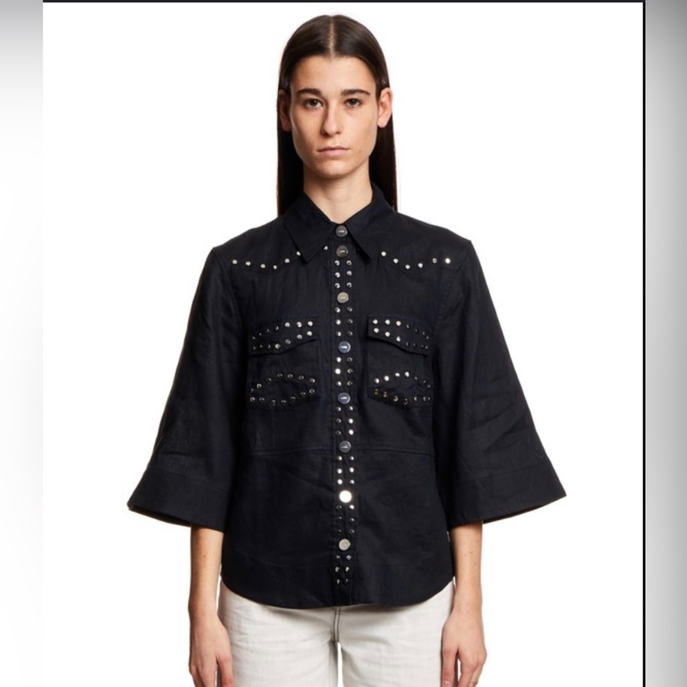 GANNI black linen shirt with collar, pockets, & silver studs
